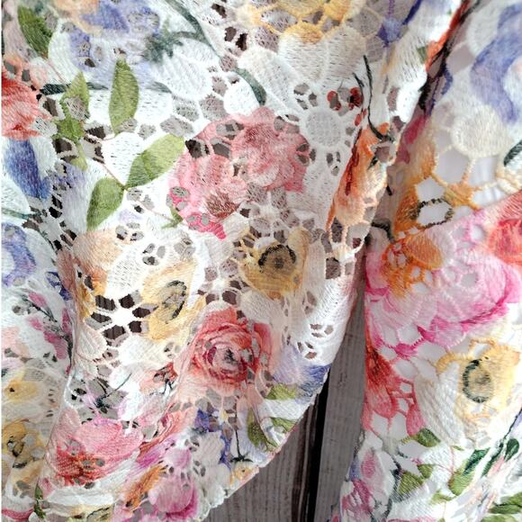 Boston Proper NEW Garden Floral Lace Fitted Bodice Puff Slv V-Neck Blouse Medium - Picture 8 of 15